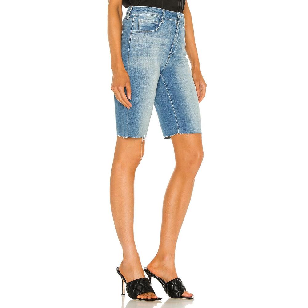 L'AGENCE Women's Blue‎ Light Wash Raw Hem Taylor High Rise Denim Short Size 24